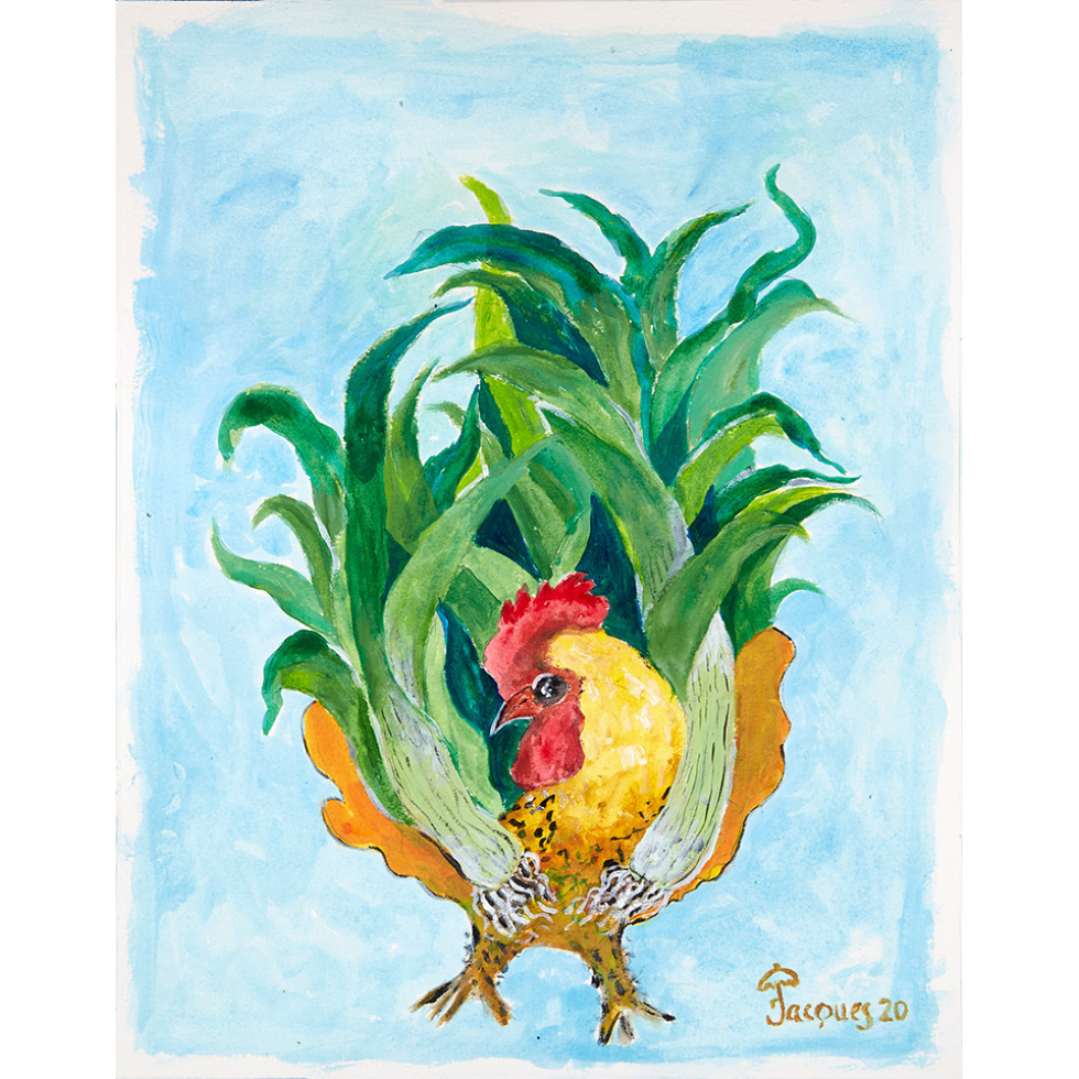“Chicken and Leeks” is an original painting by chef and artist Jacques Pepin