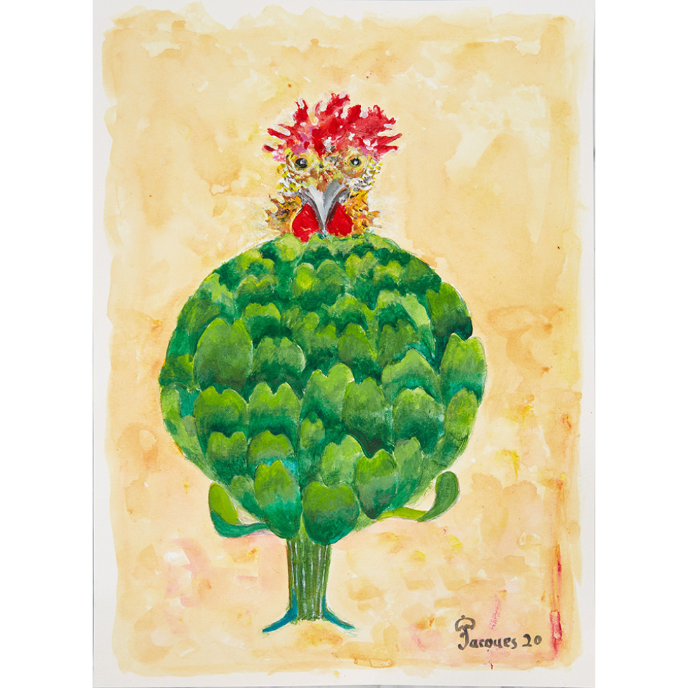 “Chicken with Artichoke” is an original painting by chef and artist Jacques Pepin