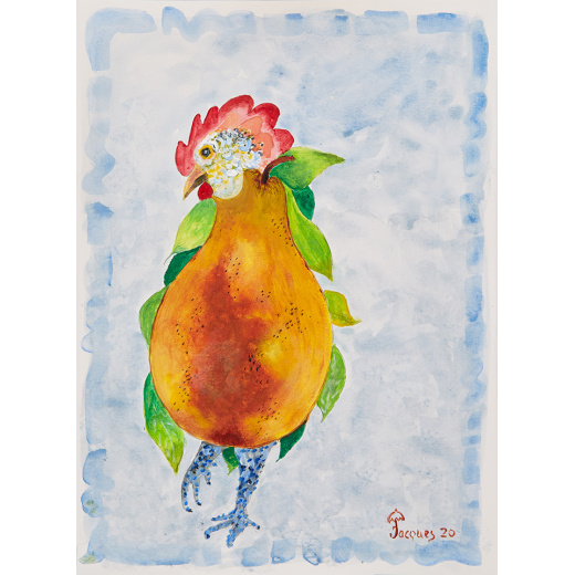 “Chicken with Pear” is an original painting by chef and artist Jacques Pepin