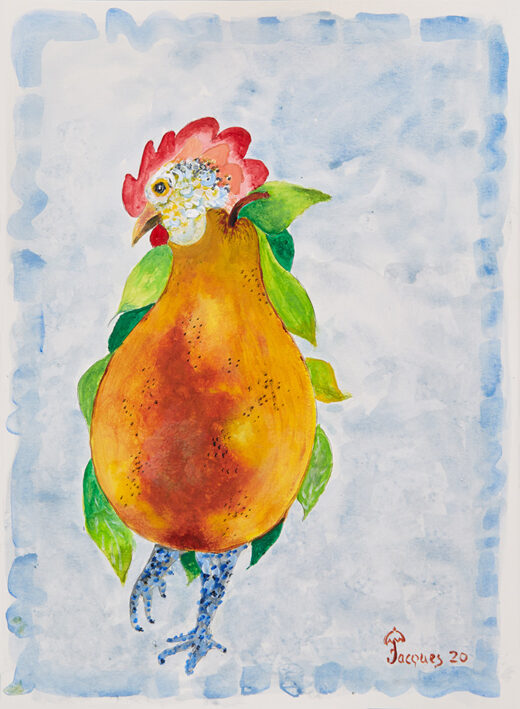 “Chicken with Pear” is an original painting by chef and artist Jacques Pepin