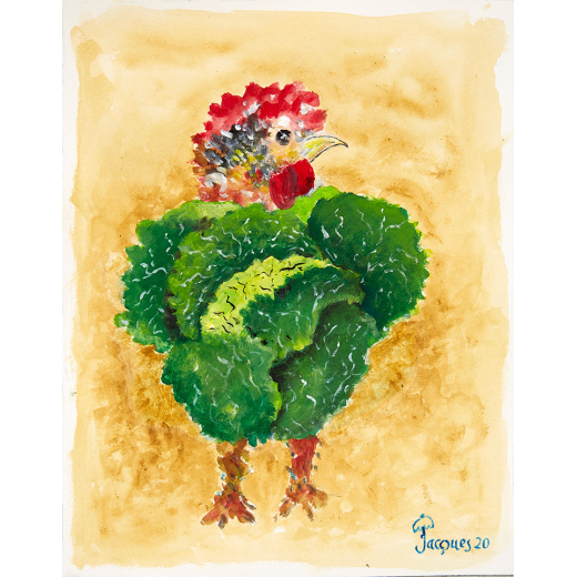 “Chix and Cabbage” is an original painting by chef and artist Jacques Pepin
