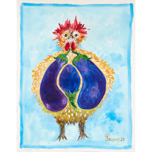 “Chix and Eggplant” is an original painting by chef and artist Jacques Pepin