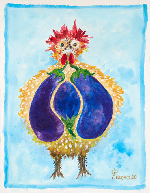 “Chix and Eggplant” is an original painting by chef and artist Jacques Pepin