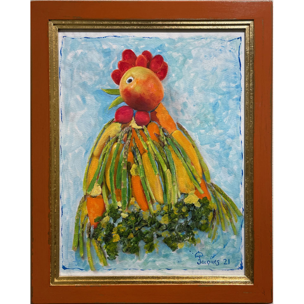 “Chix and Vege No. 4” is an original painting by chef and artist Jacques Pepin