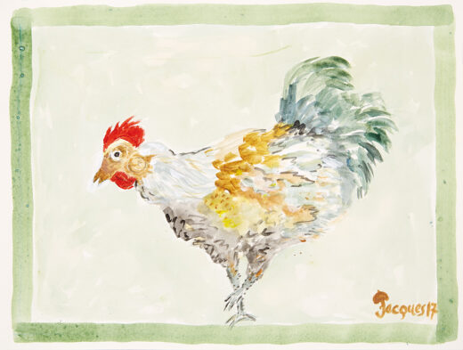 “Curious Chicken” is an original painting by chef and artist Jacques Pepin