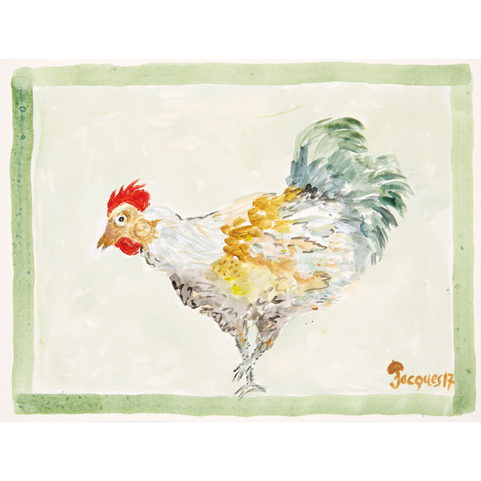 “Curious Chicken” is an original painting by chef and artist Jacques Pepin