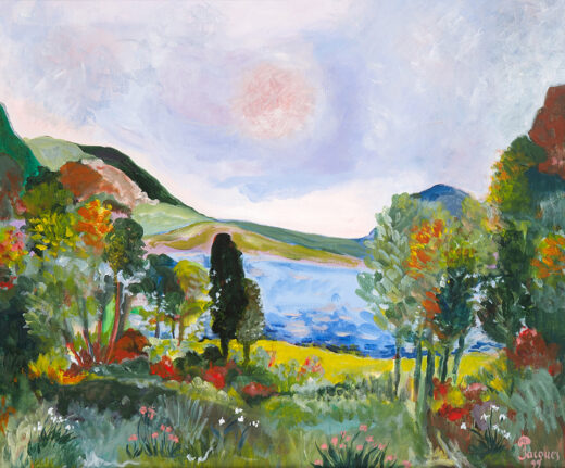 “Field and Lake” is an original painting by chef and artist Jacques Pepin
