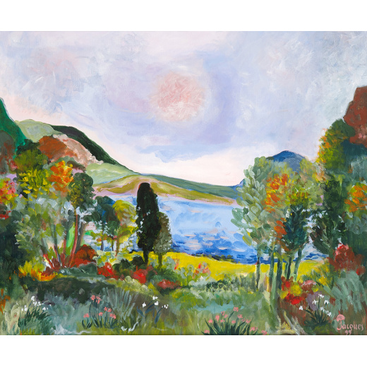 “Field and Lake” is an original painting by chef and artist Jacques Pepin
