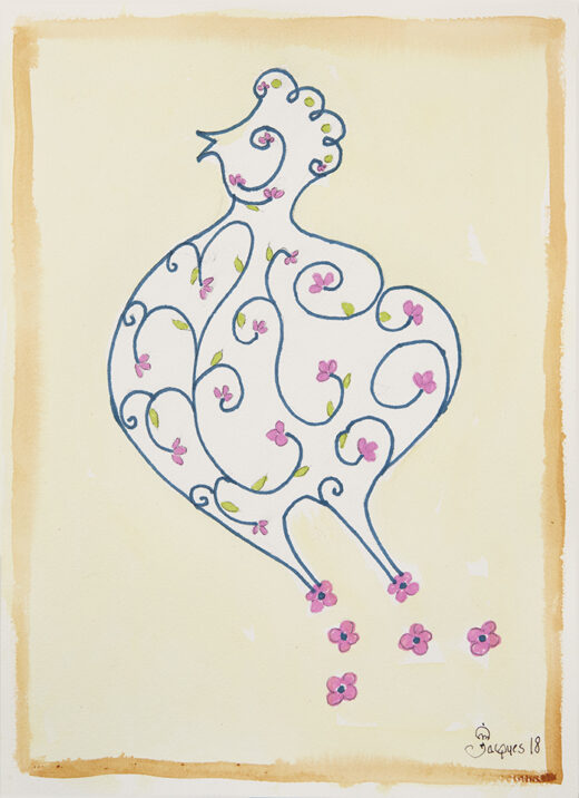 “Flower Chicken” is an original painting by chef and artist Jacques Pepin