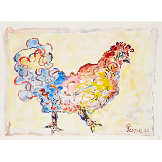 “Frenzied Chicken” is an original painting by chef and artist Jacques Pepin