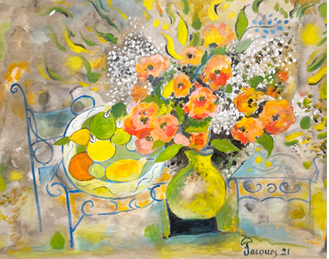 “Fruit and Flowers” Jacques Pepin Original Painting For Sale