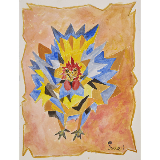 “Futuristic Rooster” is an original painting by chef and artist Jacques Pepin