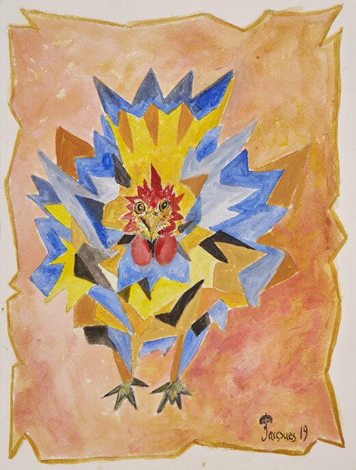 “Futuristic Rooster” is an original painting by chef and artist Jacques Pepin