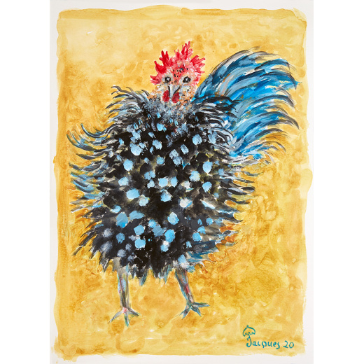 “Irate Mother Hen” is an original painting by chef and artist Jacques Pepin