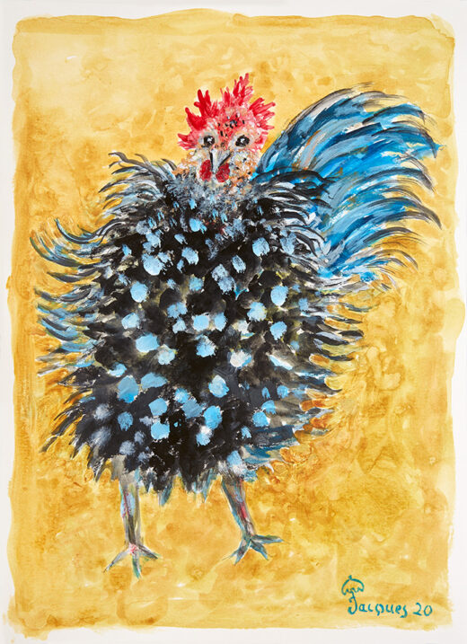 “Irate Mother Hen” is an original painting by chef and artist Jacques Pepin