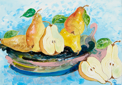 “Les Poires” is an original painting by chef and artist Jacques Pepin