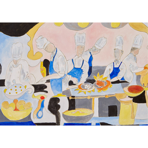 “La Brigade de Cuisine” is an original painting by chef and artist Jacques Pepin