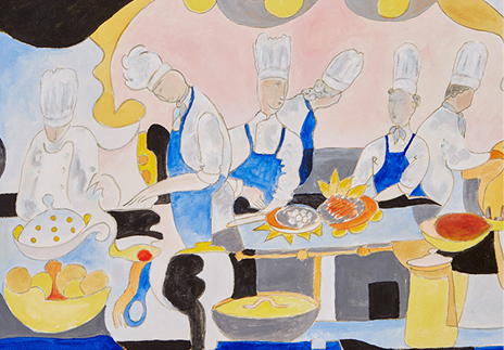 “La Brigade de Cuisine” is an original painting by chef and artist Jacques Pepin