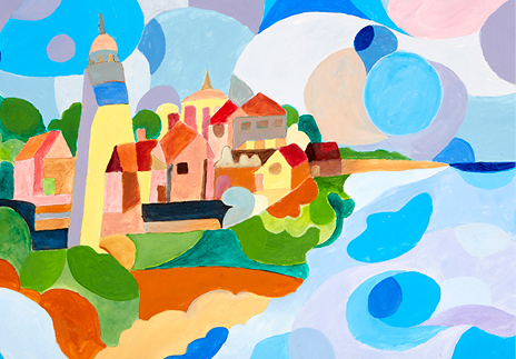 “Village in the Sea in Blue” is an original painting by chef and artist Jacques Pepin