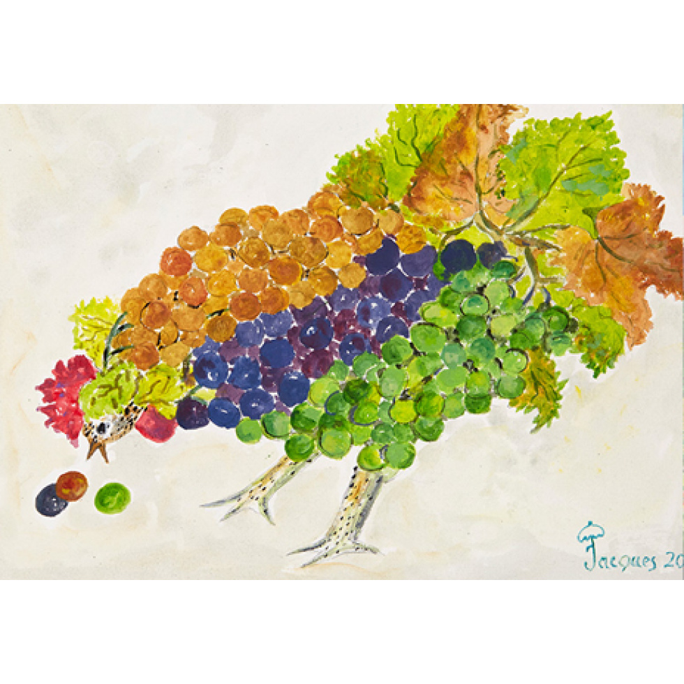 “Grape Chicken” is an original painting by chef and artist Jacques Pepin