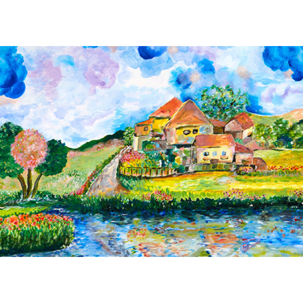 “House on a Lagoon” is an original painting by chef and artist Jacques Pepin