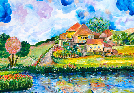 “House on a Lagoon” is an original painting by chef and artist Jacques Pepin