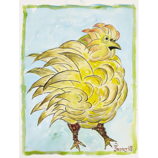 “King Coop” is an original painting by chef and artist Jacques Pepin