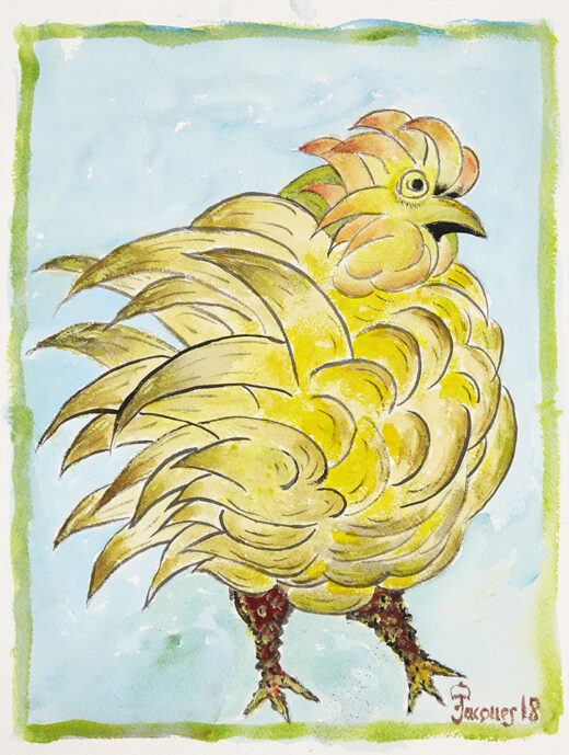 “King Coop” is an original painting by chef and artist Jacques Pepin