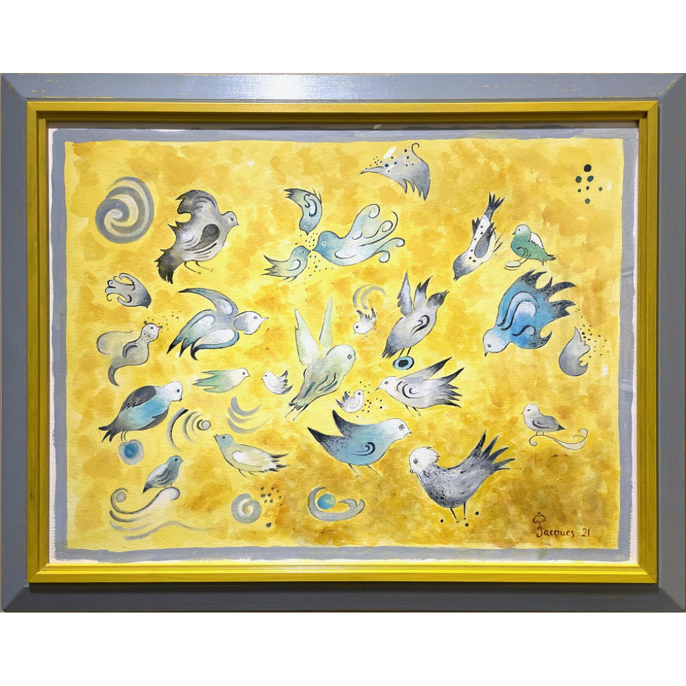 “Les Oiseaux” is an original painting by chef and artist Jacques Pepin