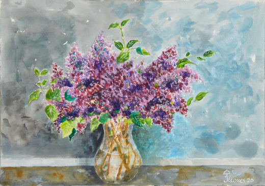 “Lilas du Jardin” is an original painting by chef and artist Jacques Pepin