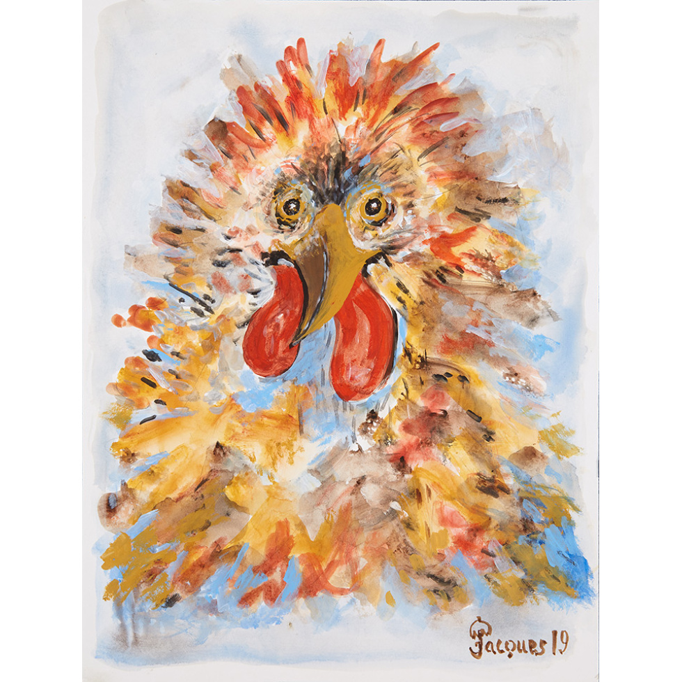 “Lunatic Chicken” is an original painting by chef and artist Jacques Pepin