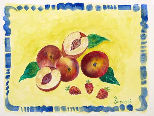 “Peaches and Strawberries” is an original painting by chef and artist Jacques Pepin