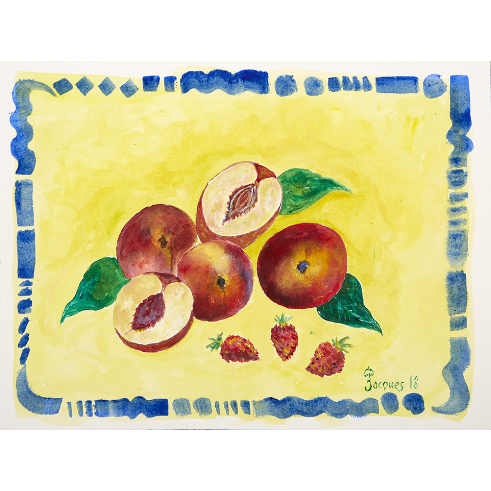 “Peaches and Strawberries” is an original painting by chef and artist Jacques Pepin