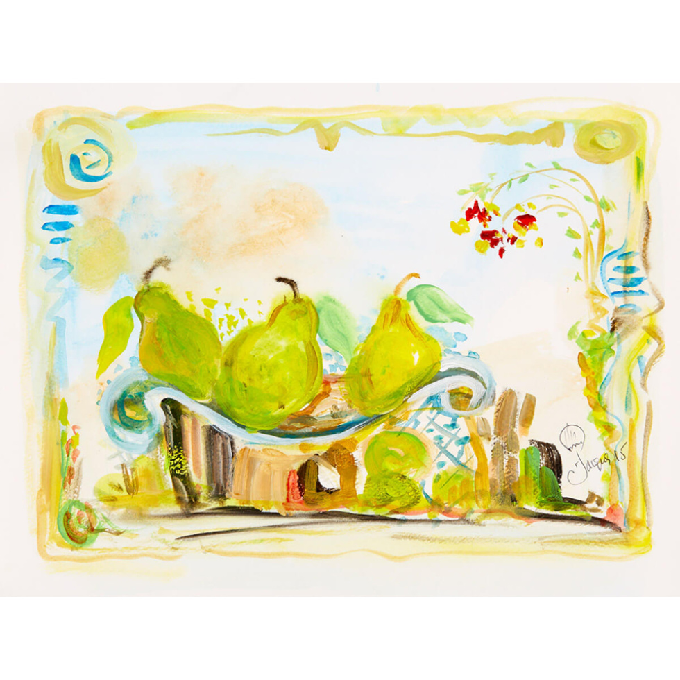 “Pear Study No. 4” is an original painting by chef and artist Jacques Pepin
