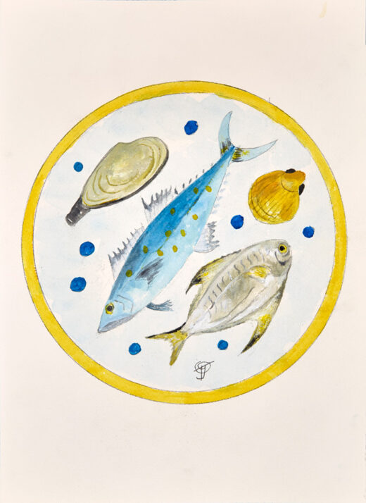 “Plate with Fish No. 1” is an original painting by chef and artist Jacques Pepin