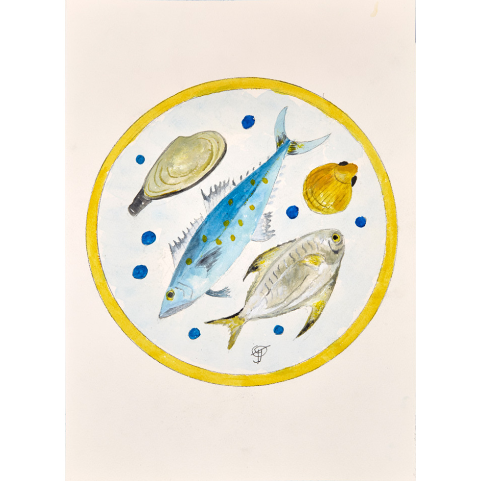 “Plate with Fish No. 1” is an original painting by chef and artist Jacques Pepin