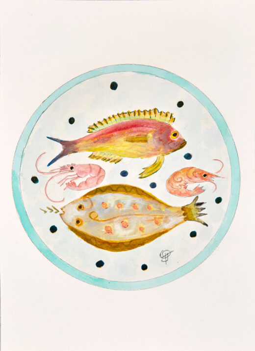 “Plate with Fish No. 2” is an original painting by chef and artist Jacques Pepin