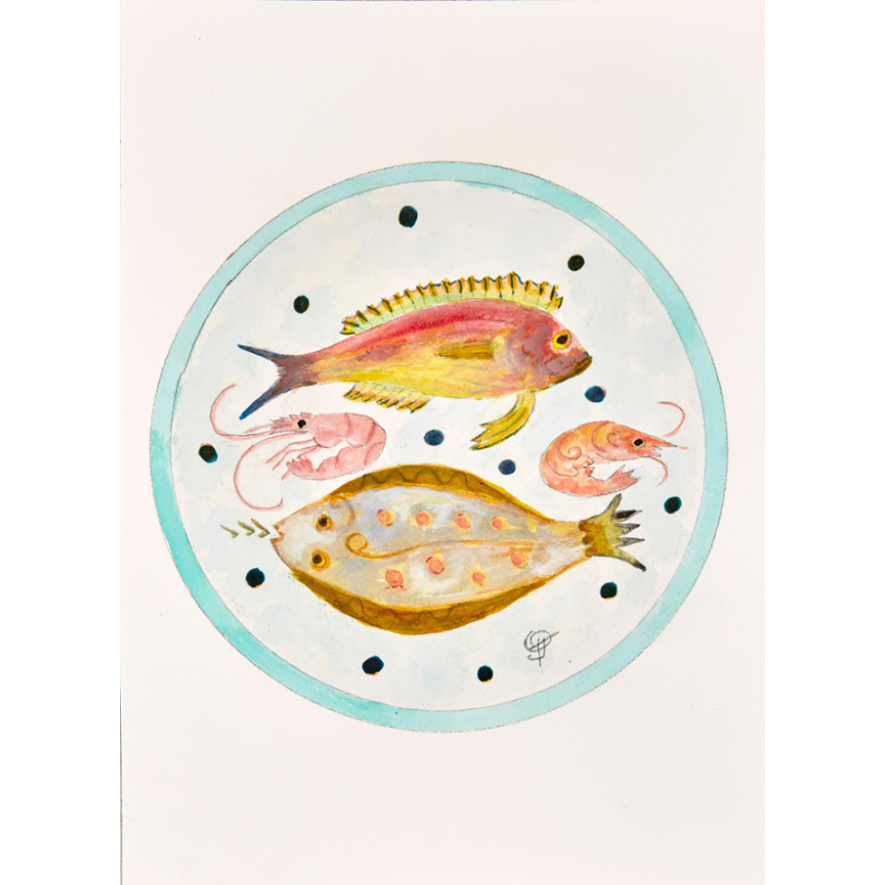 “Plate with Fish No. 2” is an original painting by chef and artist Jacques Pepin