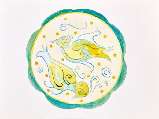 “Plate with Stylized Birds” is an original painting by chef and artist Jacques Pepin