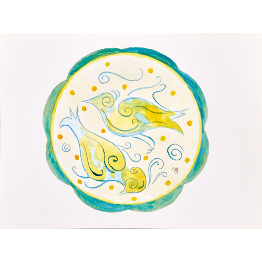 “Plate with Stylized Birds” is an original painting by chef and artist Jacques Pepin