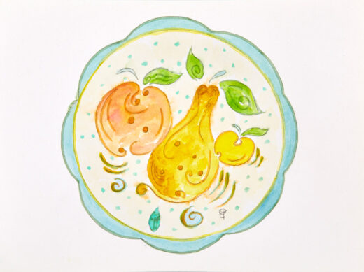 “Plate with Stylized Pear” is an original painting by chef and artist Jacques Pepin