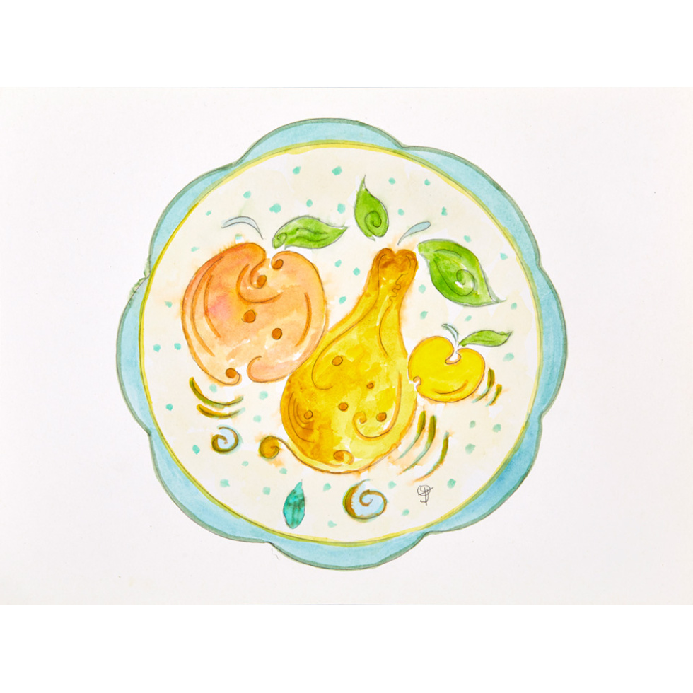 “Plate with Stylized Pear” is an original painting by chef and artist Jacques Pepin