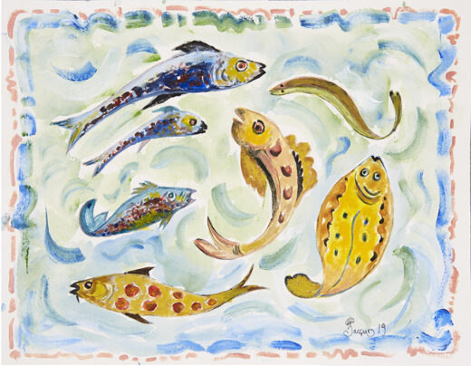 “Poissons” is an original painting by chef and artist Jacques Pepin