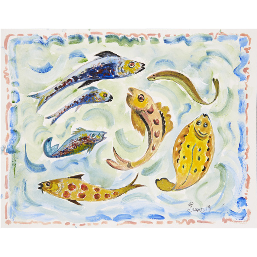 “Poissons” is an original painting by chef and artist Jacques Pepin