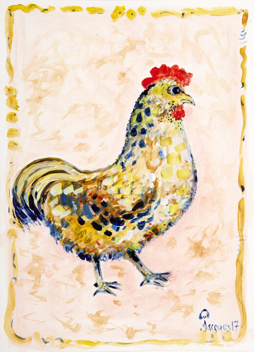 “Polka Dot Cock” is an original painting by chef and artist Jacques Pepin