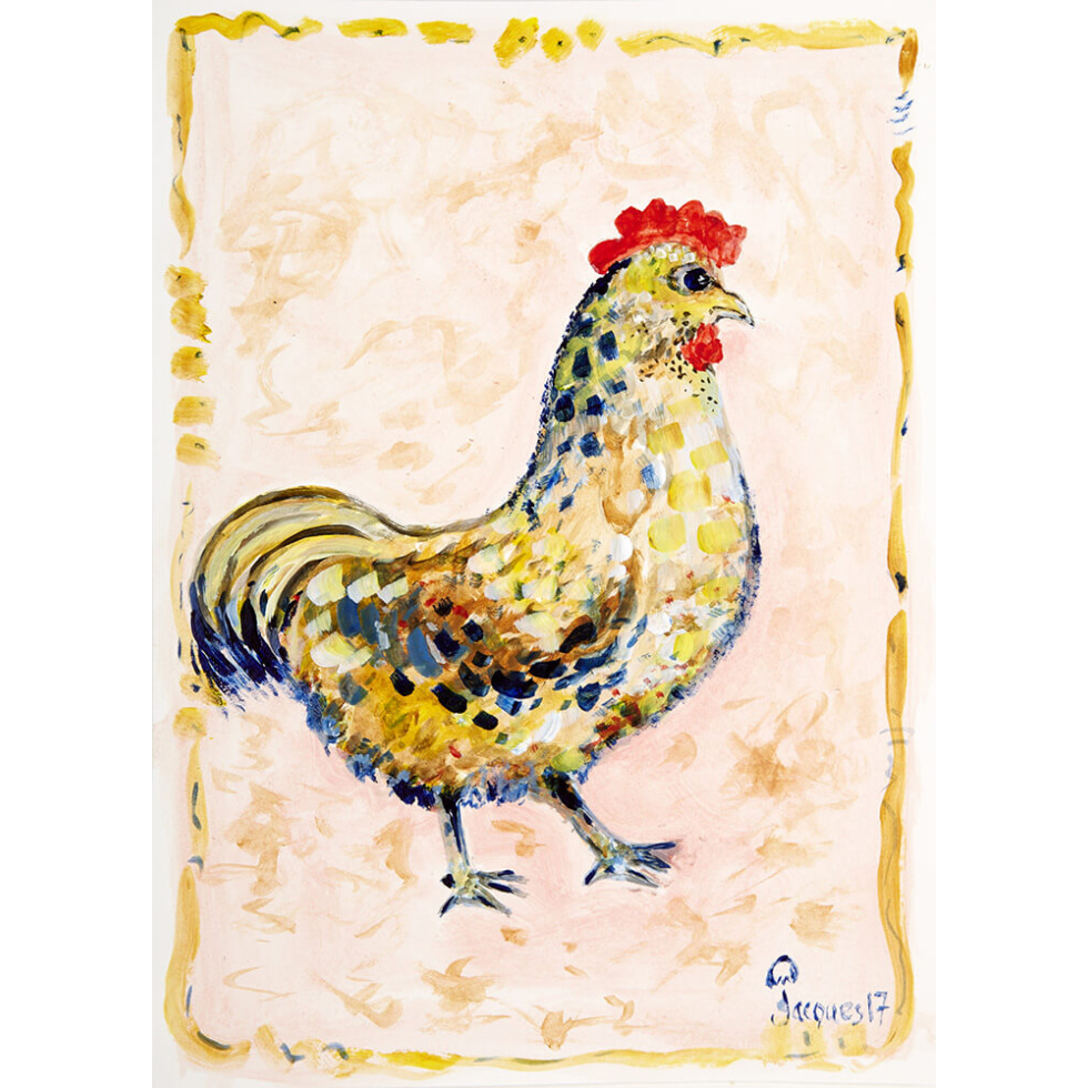 “Polka Dot Cock” is an original painting by chef and artist Jacques Pepin