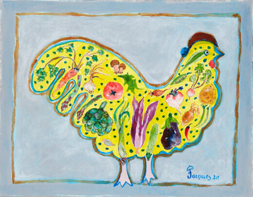“Poulet et Legumes” is an original painting by chef and artist Jacques Pepin