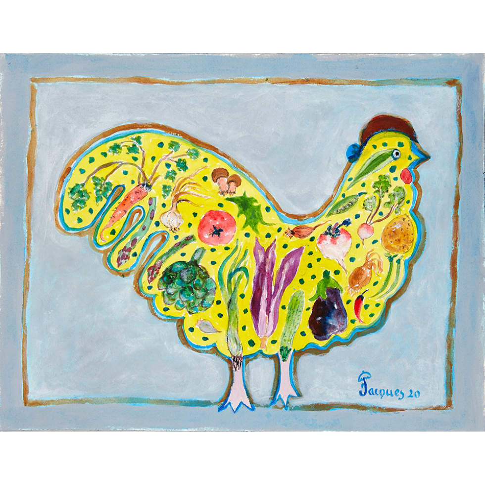 “Poulet et Legumes” is an original painting by chef and artist Jacques Pepin