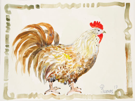 “Poulet de Foissiat” is an original painting by chef and artist Jacques Pepin