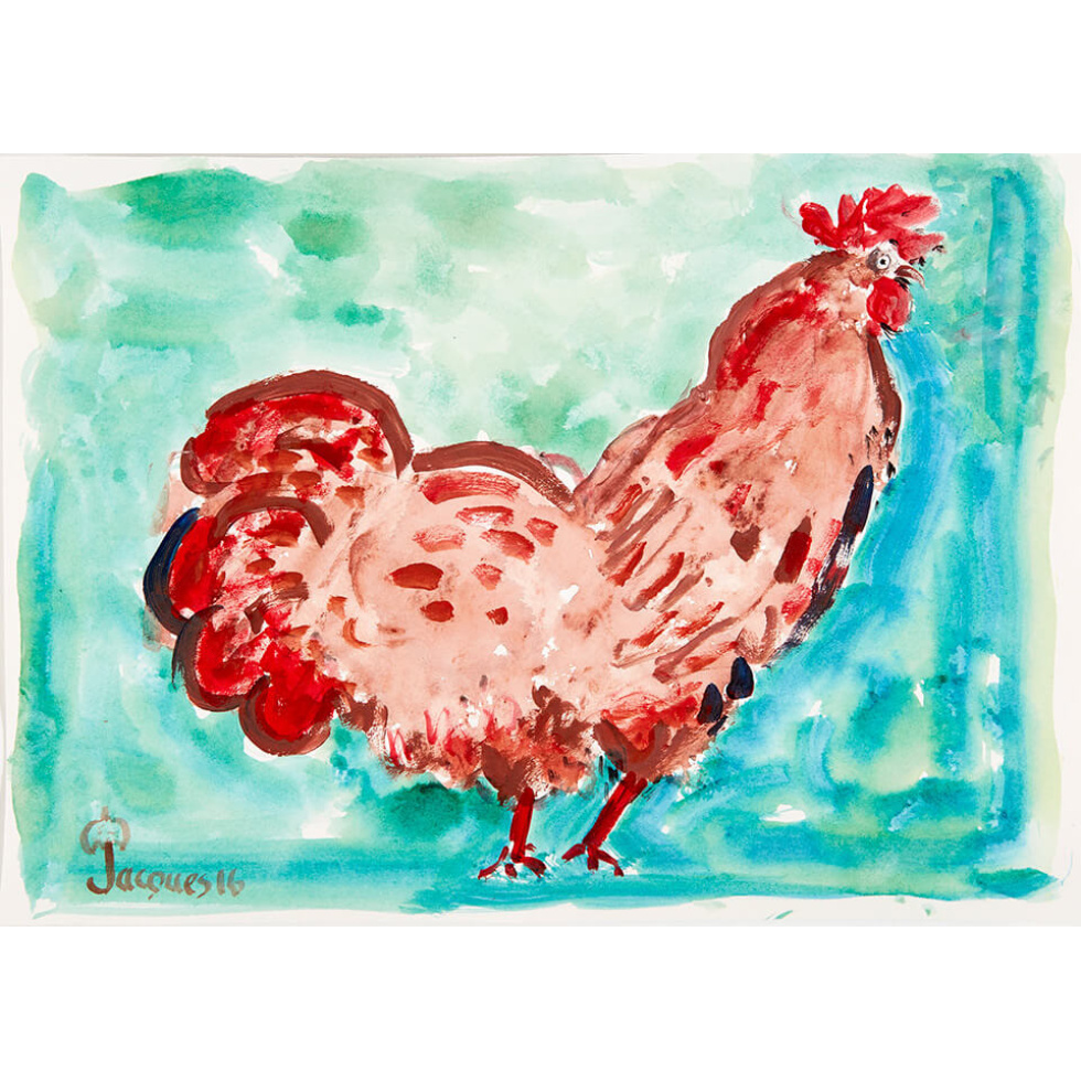 “Red Chix” is an original painting by chef and artist Jacques Pepin